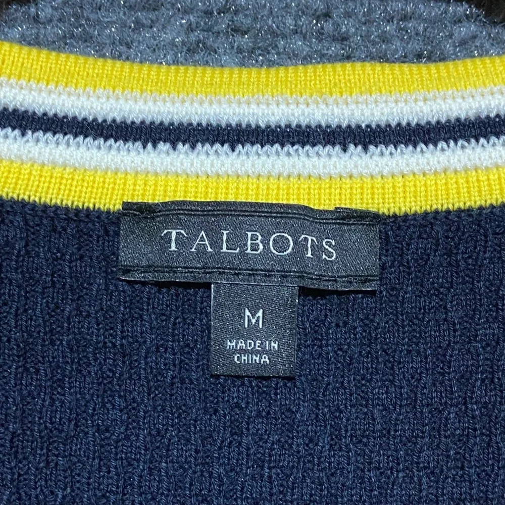 Talbots Women's Navy Blue Textured Knit Cardigan Gold Button Striped Trim Size M